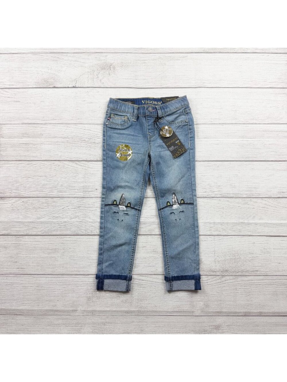 VIGOSS Skinny Jeans Girls Denim Unicorn Knee Patches Cuffed Hem Pants NWT 5